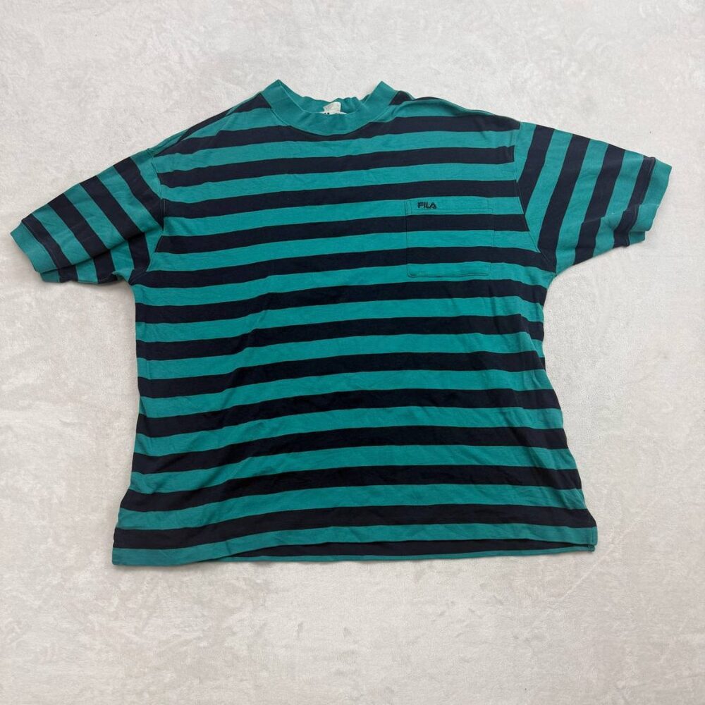 Fila Men's Striped T-Shirt Green Navy Size XL Vintage 90s Pocket Tee Cotton